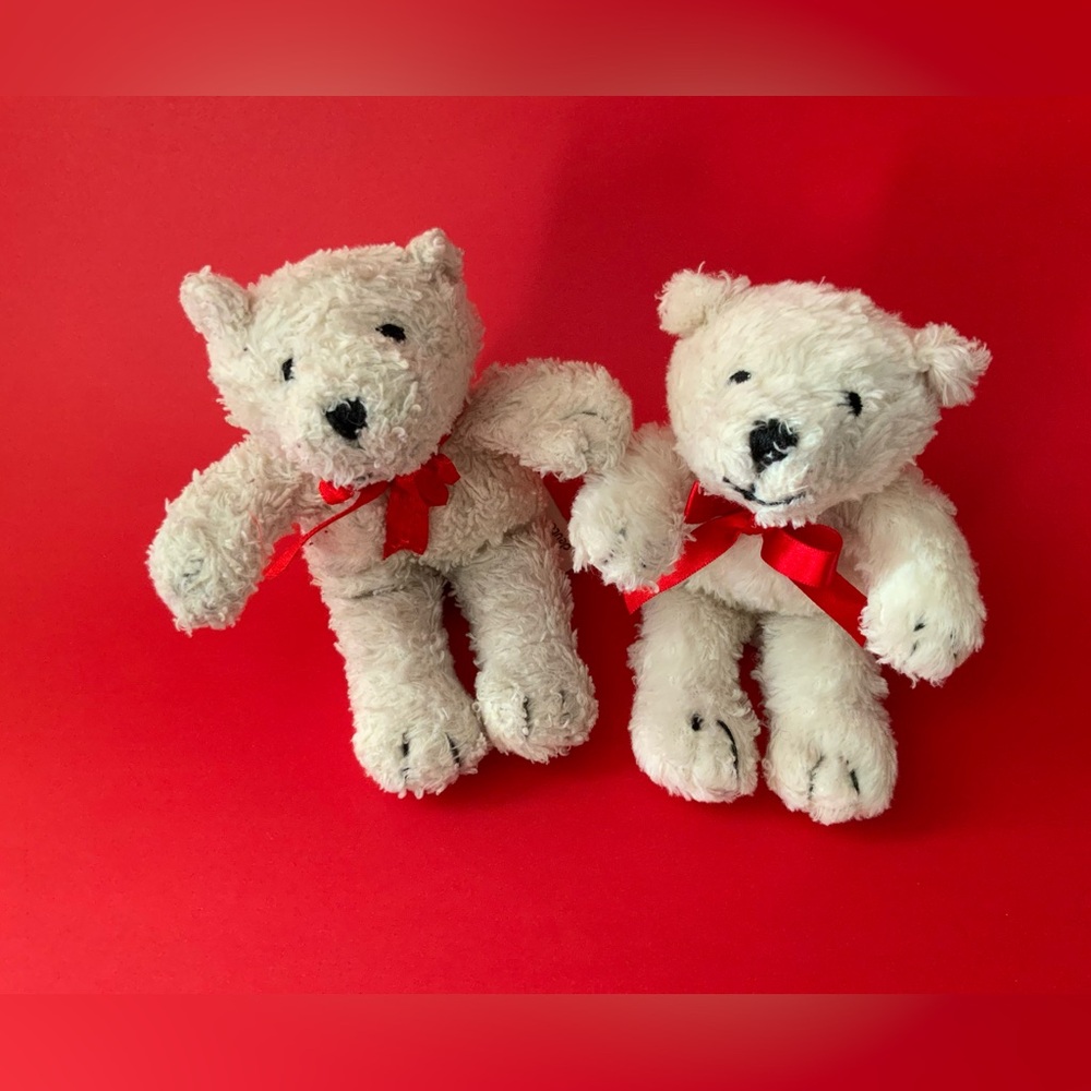 Pair of Small Plush Teddy Bears with Red Ribbon